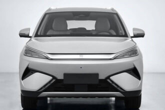 Front view of the 2026 BYD Atto 3 in Ski White showing revised LED headlights