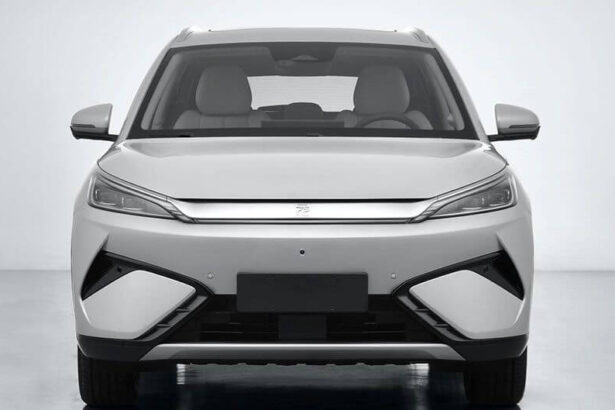 Front view of the 2026 BYD Atto 3 in Ski White showing revised LED headlights