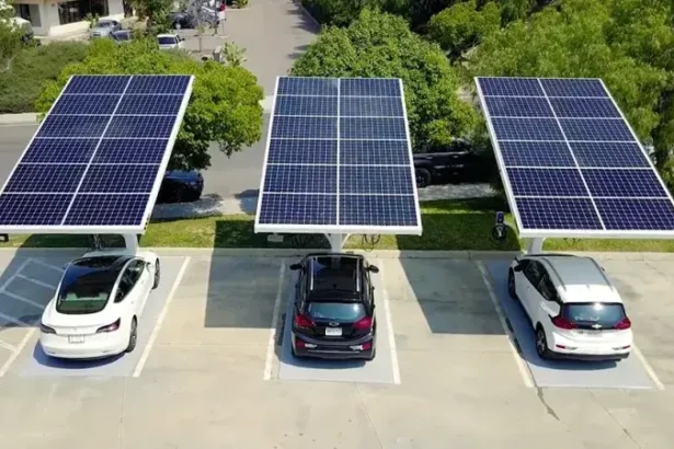 Electric vehicle charging at a solar-powered station 2025